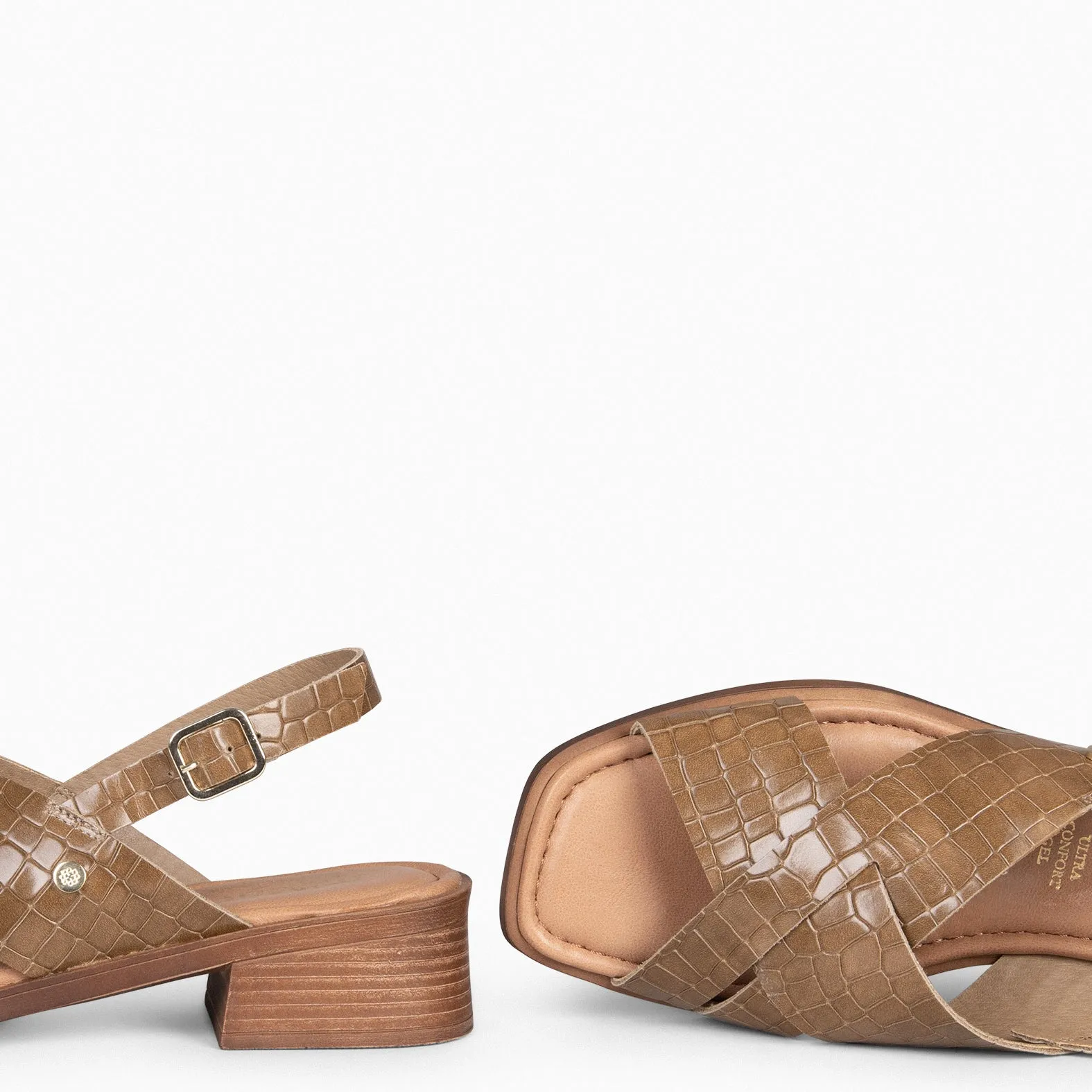 Flat leather sandals with coco embossed design in TAUPE - BETANIA