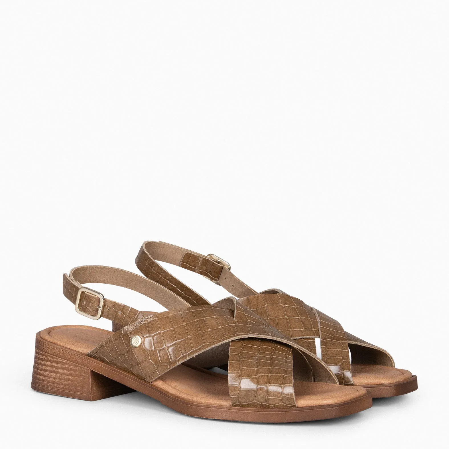 Flat leather sandals with coco embossed design in TAUPE - BETANIA