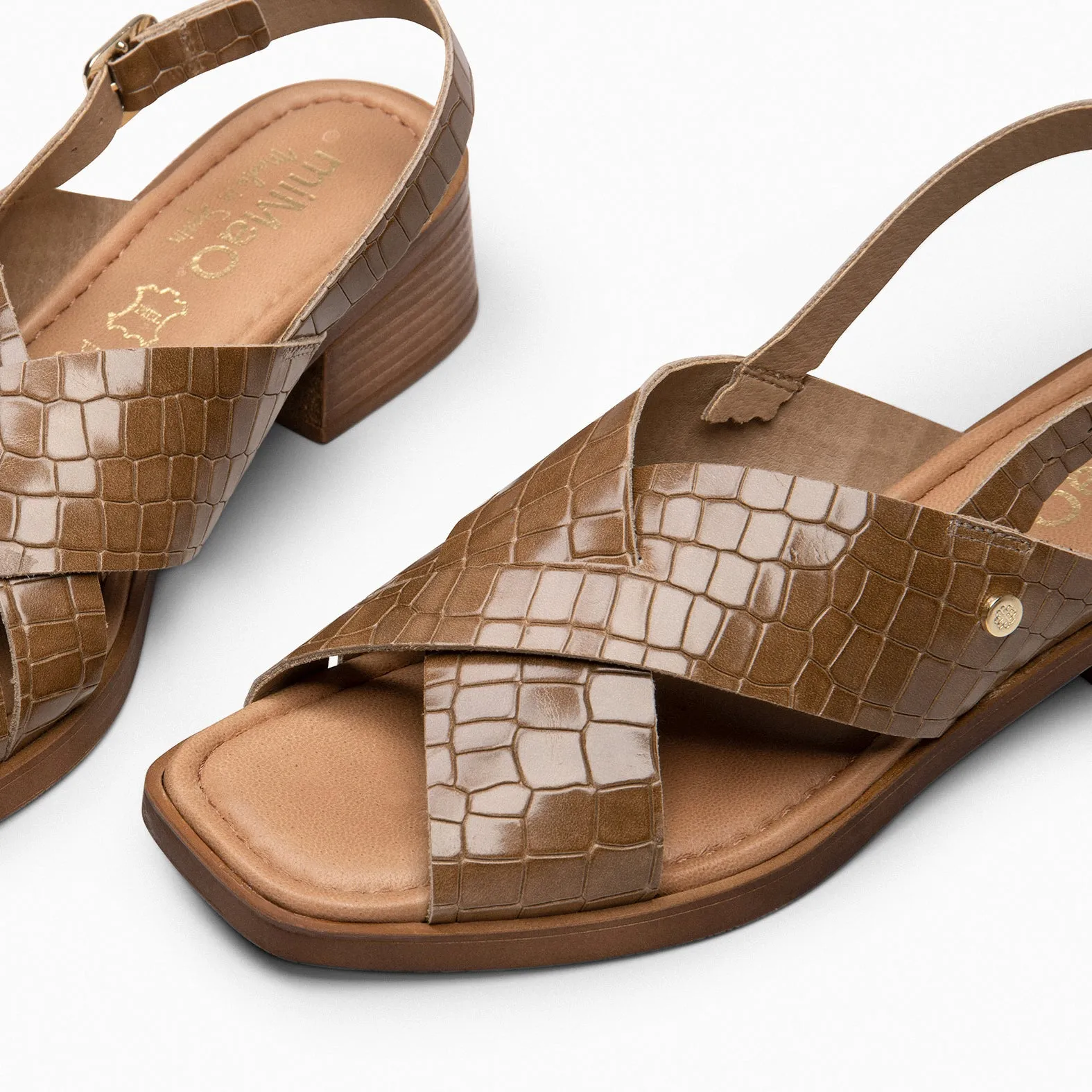 Flat leather sandals with coco embossed design in TAUPE - BETANIA