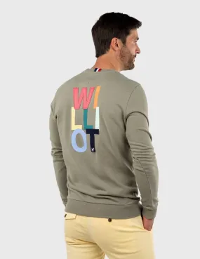 Green khaki Williot sweatshirt with embroidered logo on back.