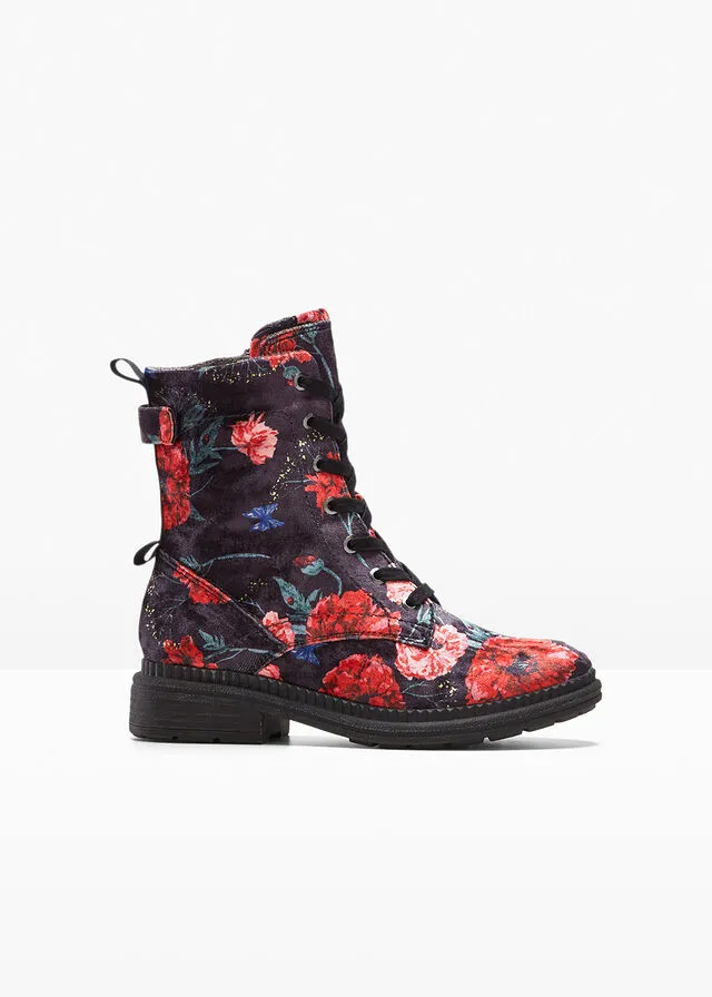 Jana comfortable wide fit lace-up boots in black-red floral design.