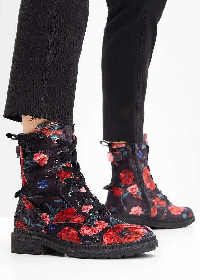 Jana comfortable wide fit lace-up boots in black-red floral design.