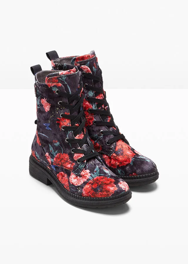 Jana comfortable wide fit lace-up boots in black-red floral design.