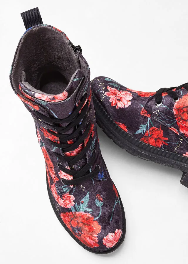 Jana comfortable wide fit lace-up boots in black-red floral design.