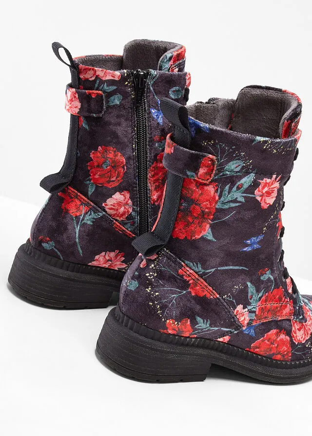 Jana comfortable wide fit lace-up boots in black-red floral design.