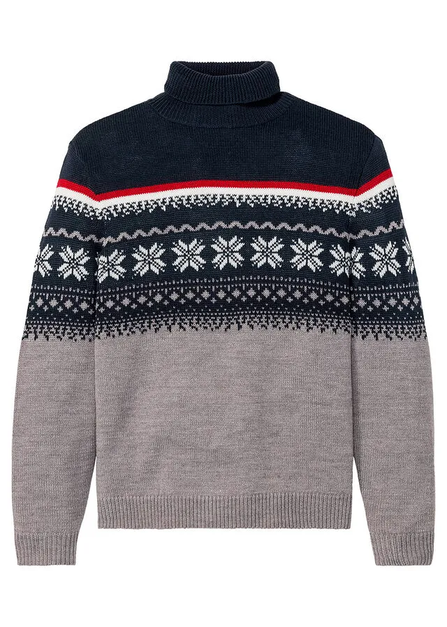 High Neck Winter Print Heather Grey Sweater