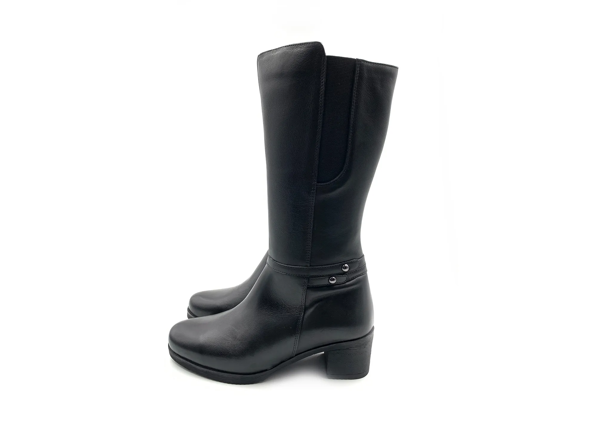 Leios L-907 Women's Black 3/4 Leather Boots with Elastic Top