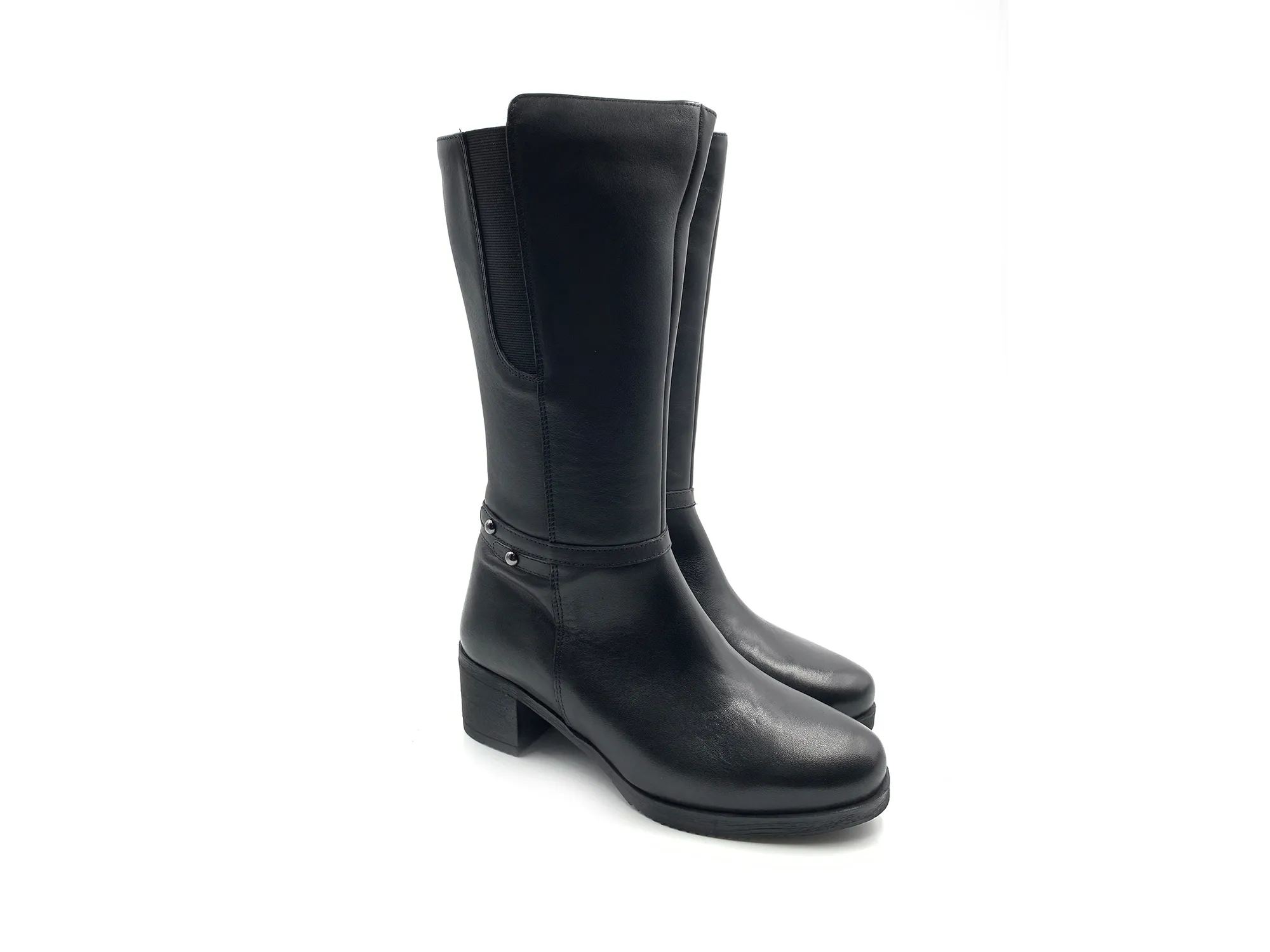 Leios L-907 Women's Black 3/4 Leather Boots with Elastic Top