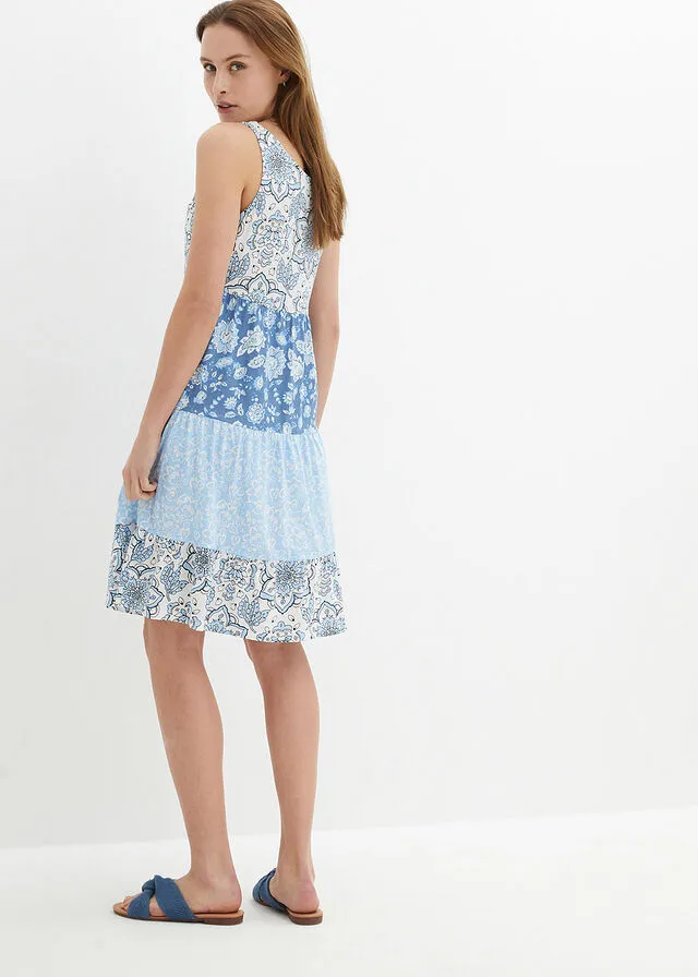 Light Blue Short Sleeve Cotton Paisley Pattern Knit Dress