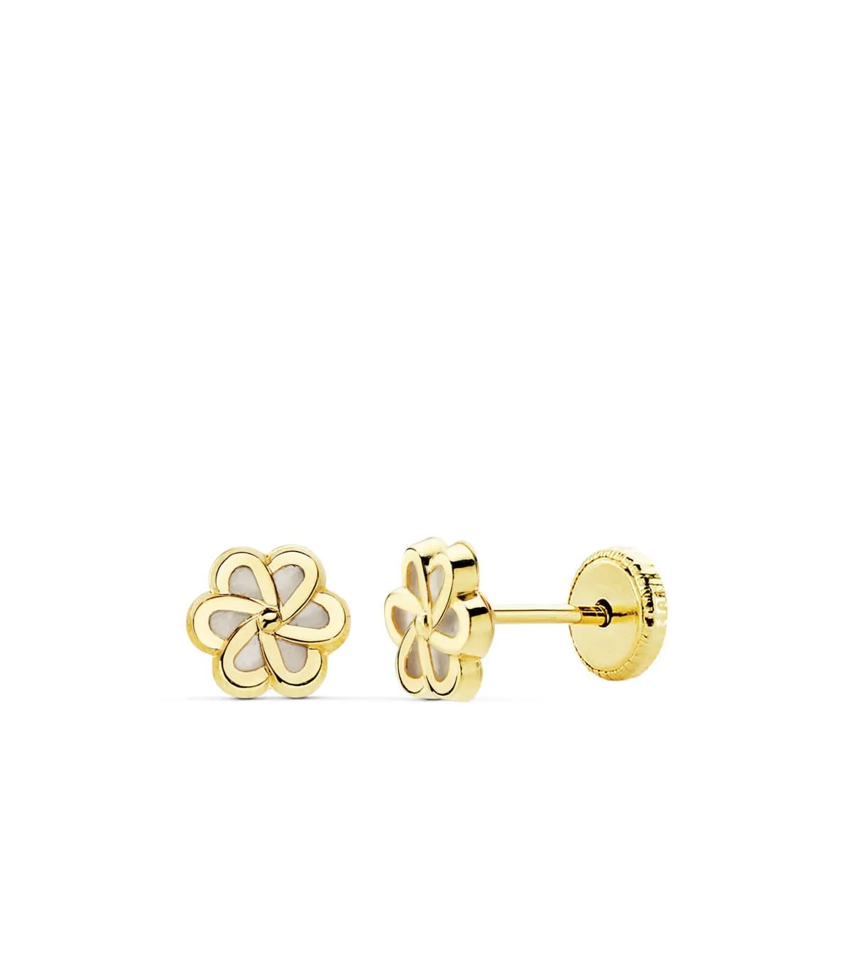 Lourdes Flower Earrings for Girls in 18k Gold with Mother of Pearl