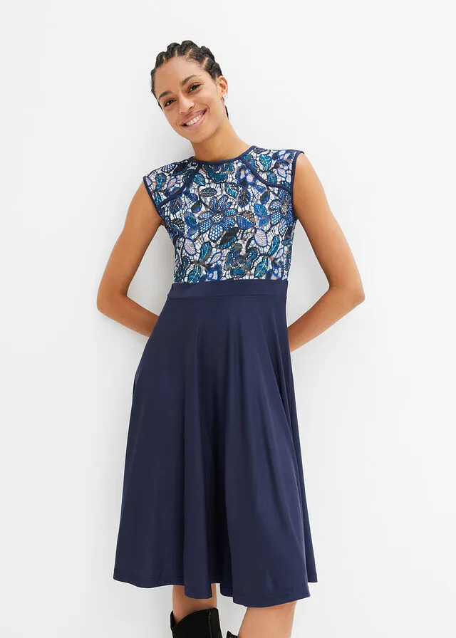 Midi Lace Dark Blue Floral Dress