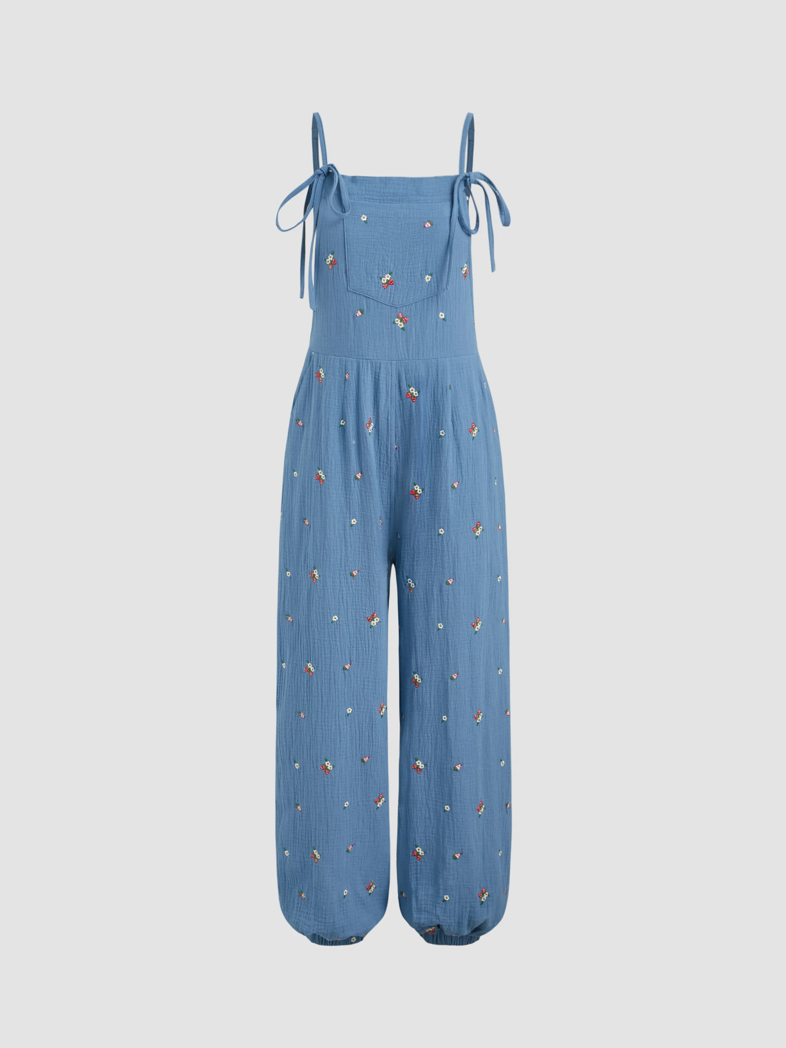 Floral Embroidered Jumpsuit with Square Neckline Ribbon