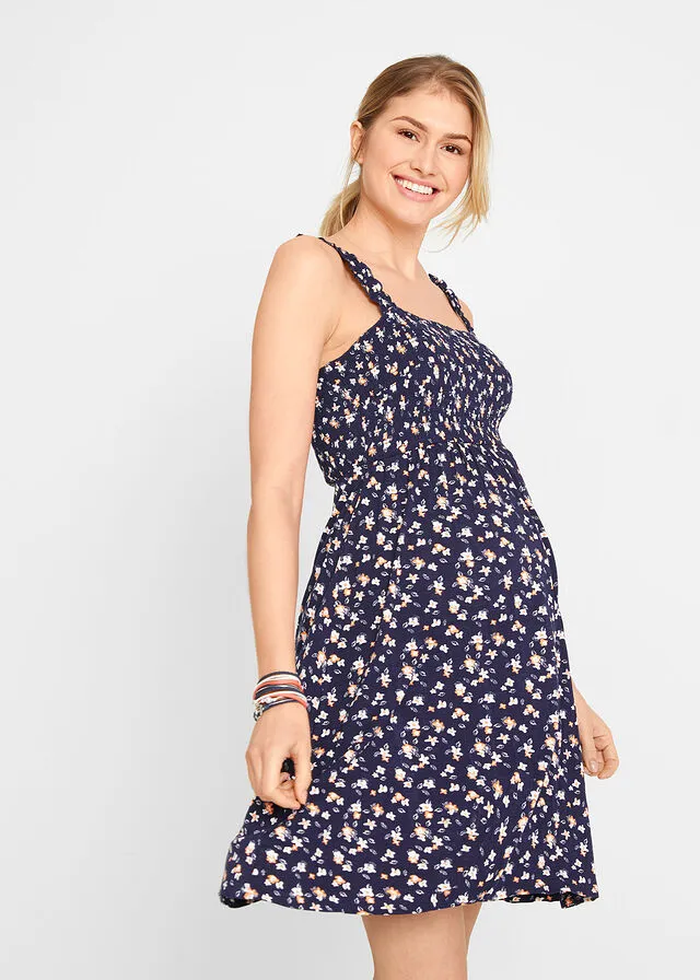 Navy Blue Maternity Dress in Sustainable Viscose Blend with Print.