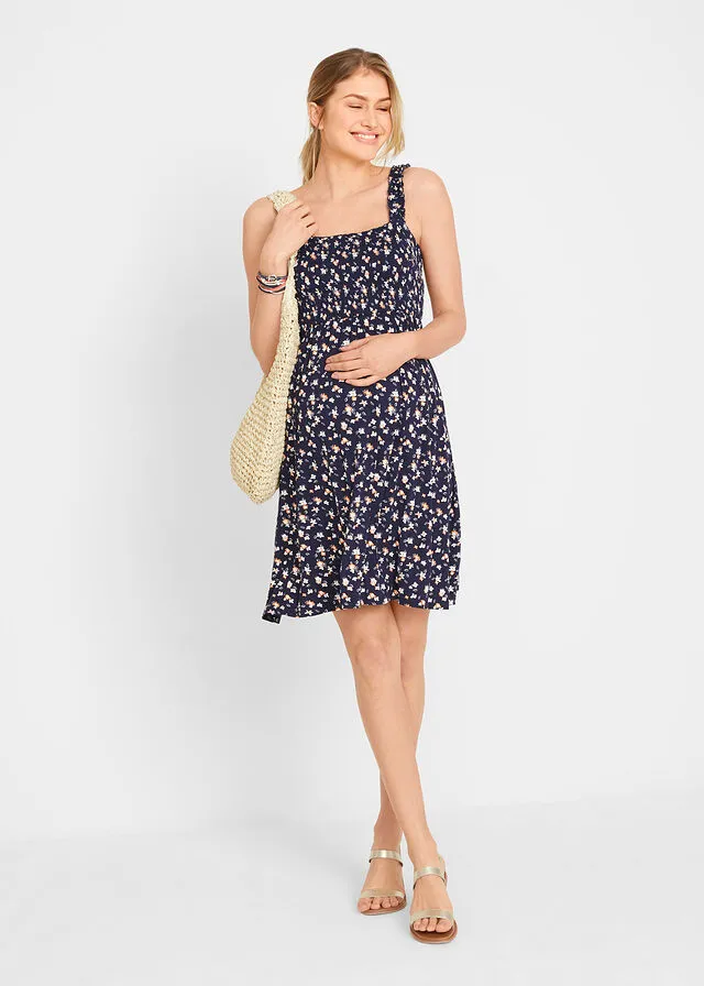 Navy Blue Maternity Dress in Sustainable Viscose Blend with Print.