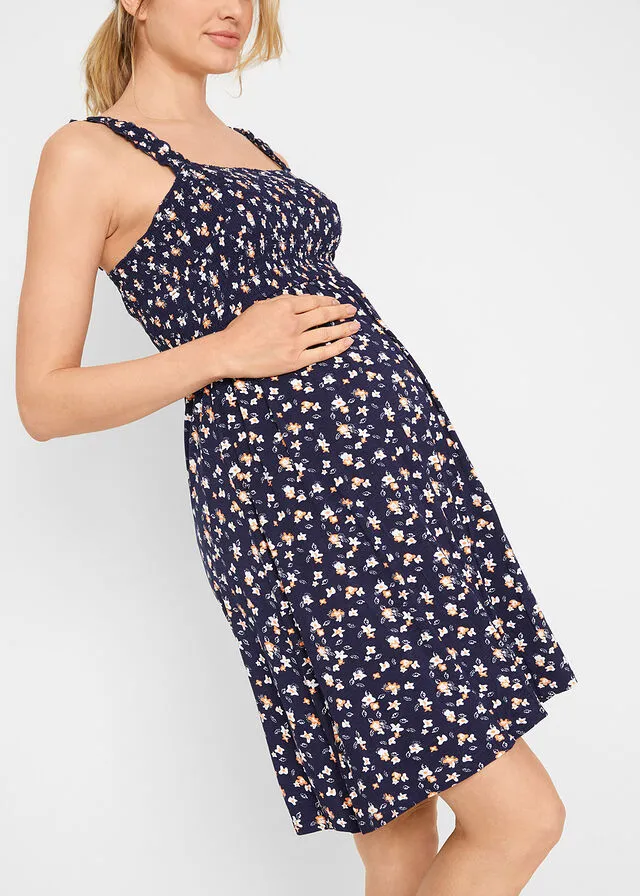 Navy Blue Maternity Dress in Sustainable Viscose Blend with Print.