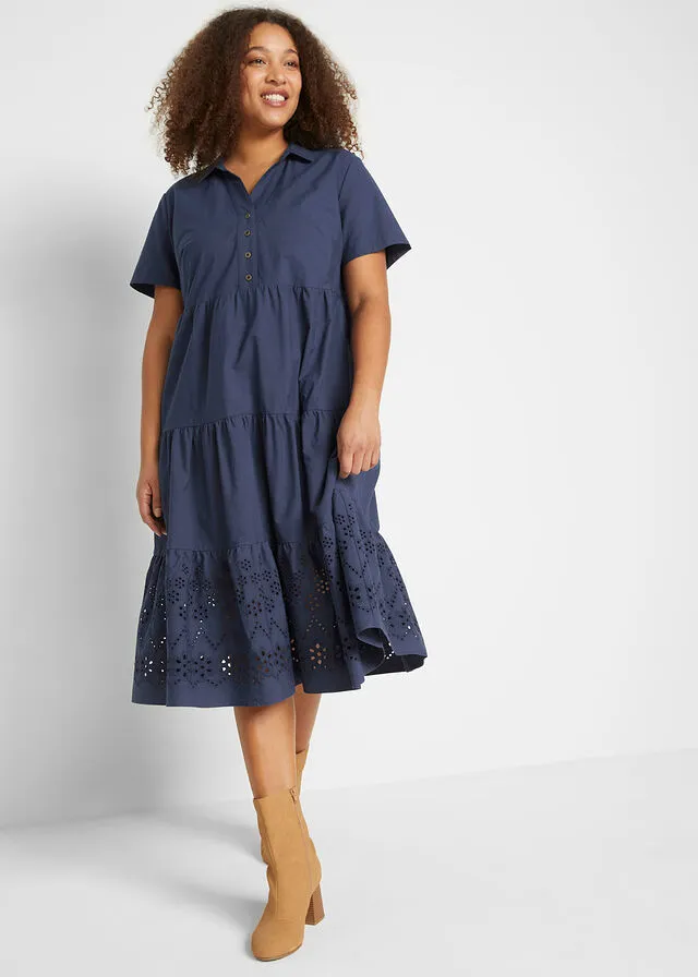 Navy Blue Tunic Dress with Cutwork Embroidery.