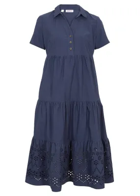 Navy Blue Tunic Dress with Cutwork Embroidery.