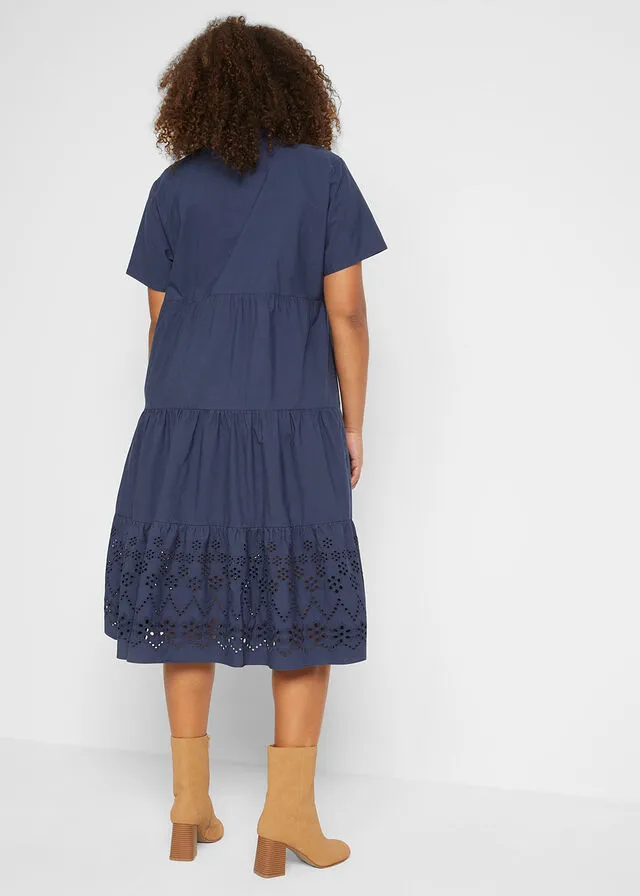 Navy Blue Tunic Dress with Cutwork Embroidery.