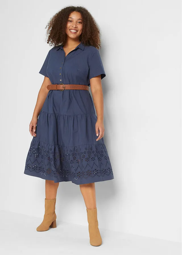 Navy Blue Tunic Dress with Cutwork Embroidery.