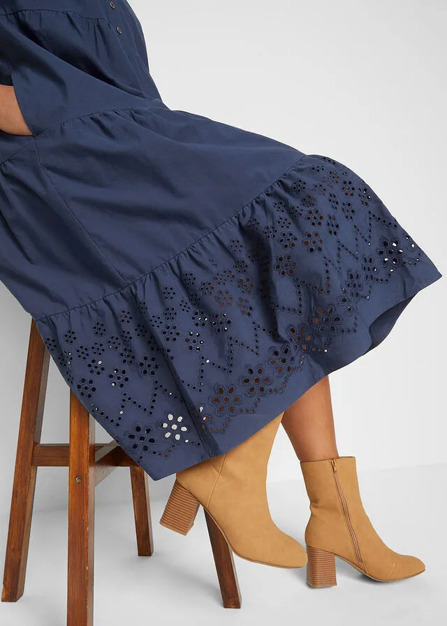 Navy Blue Tunic Dress with Cutwork Embroidery.