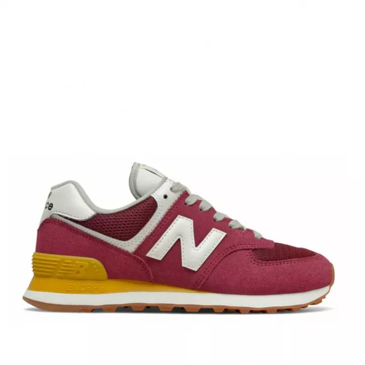 New Balance 574 burgundy and yellow athletic sneakers