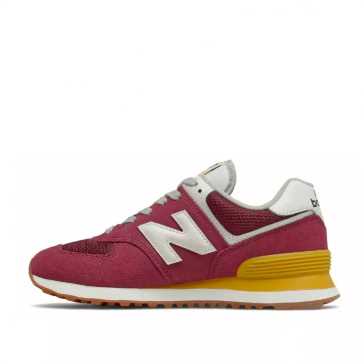 New Balance 574 burgundy and yellow athletic sneakers