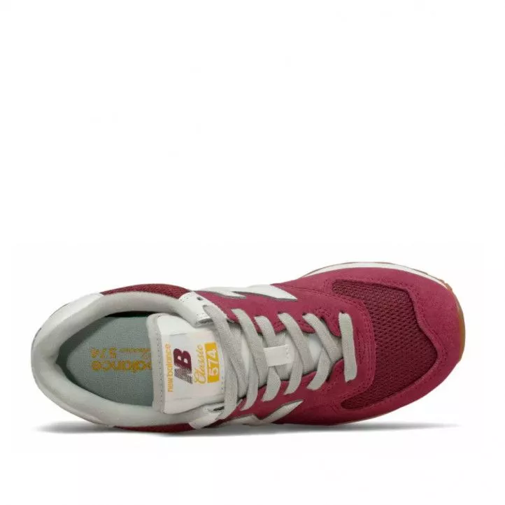 New Balance 574 burgundy and yellow athletic sneakers