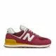 New Balance 574 burgundy and yellow athletic sneakers