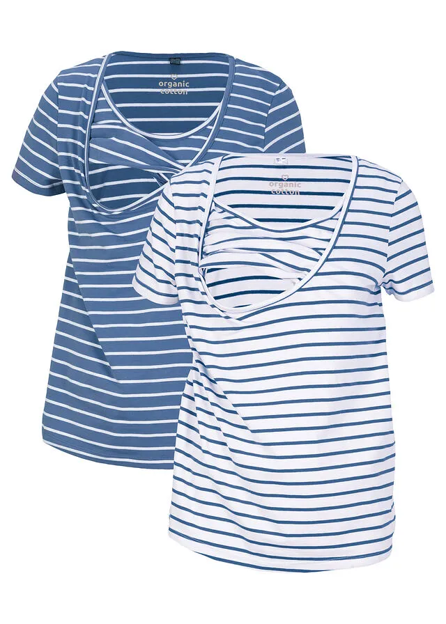 Organic cotton maternity/nursing t-shirt (2-pack) in Denim-White Stripe