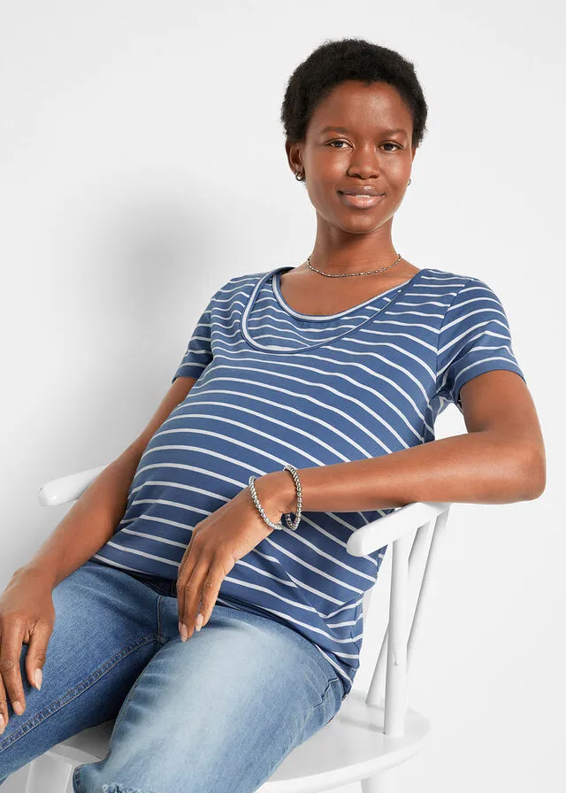 Organic cotton maternity/nursing t-shirt (2-pack) in Denim-White Stripe