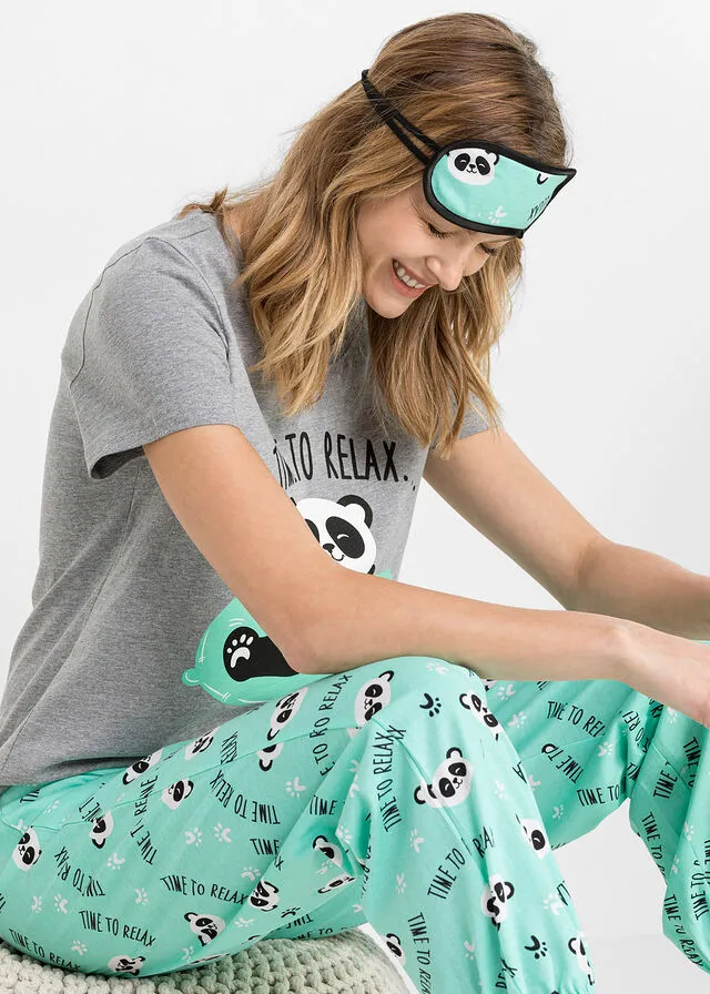 Gray Speckled-Blue Mint Printed Eye Mask Pajama