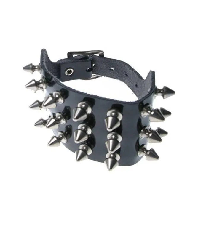 Bullet69 WB017 Leather Wristband with Three Rows of Spikes