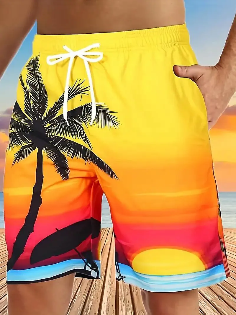 Quick-dry breathable palm tree dawn seaside swim trunks shorts.