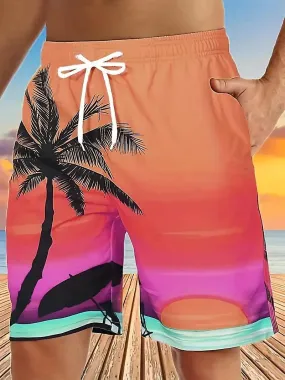 Quick-dry breathable palm tree dawn seaside swim trunks shorts.