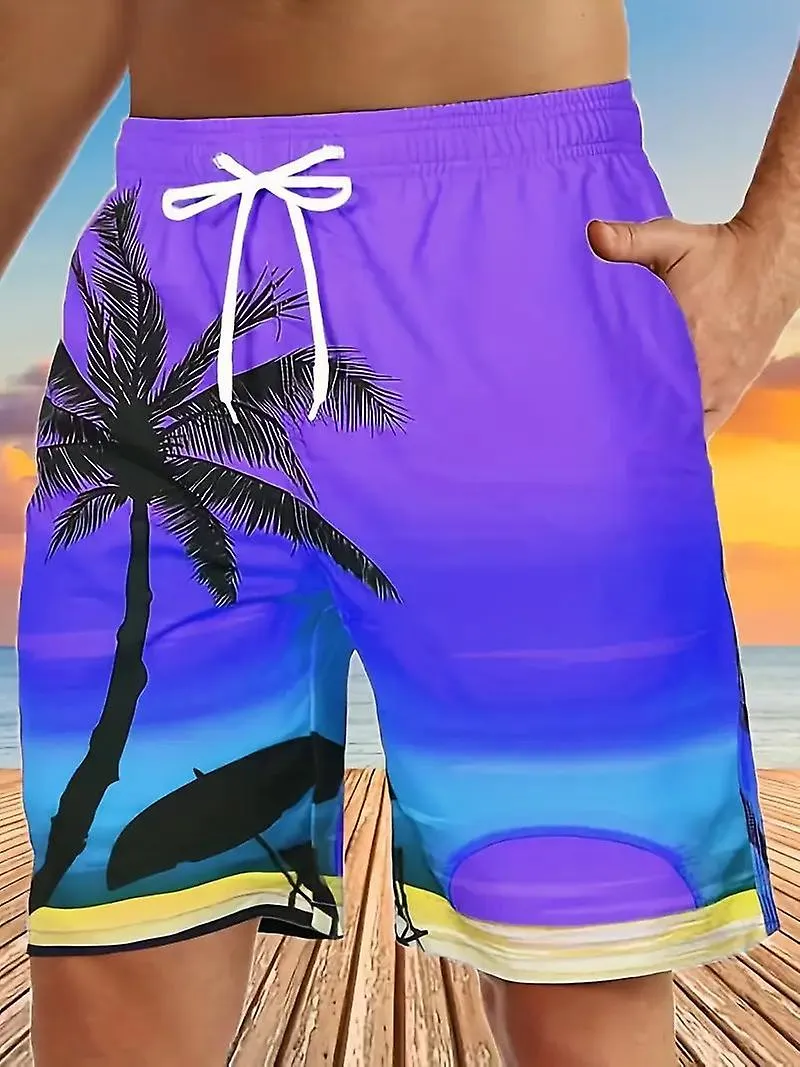 Quick-dry breathable palm tree dawn seaside swim trunks shorts.