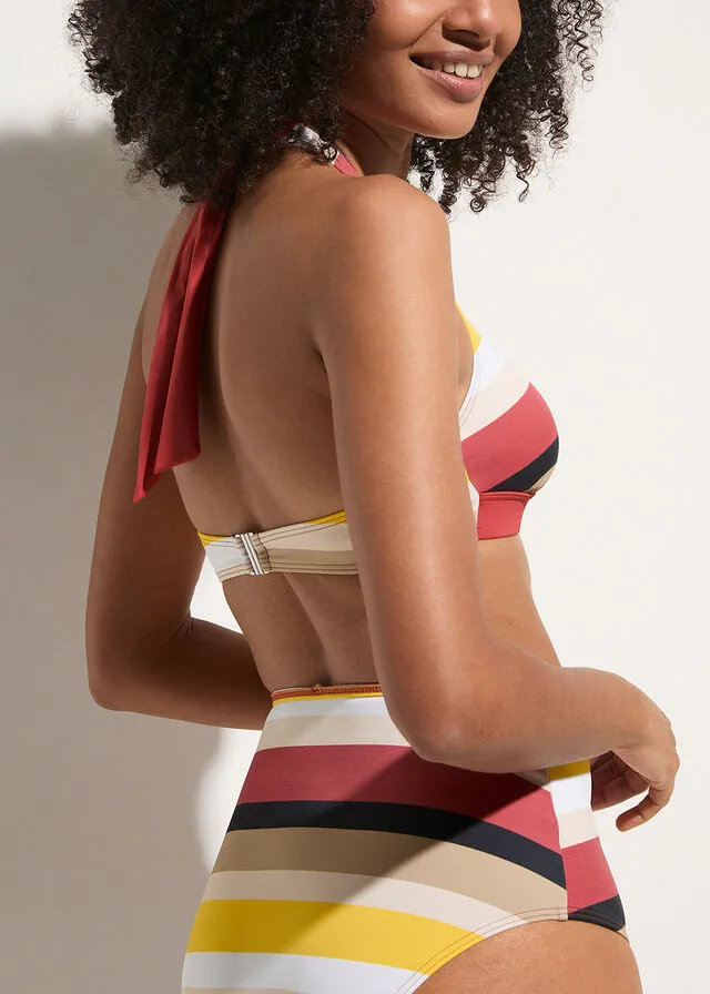 Red striped recycled polyamide halter neck bikini top