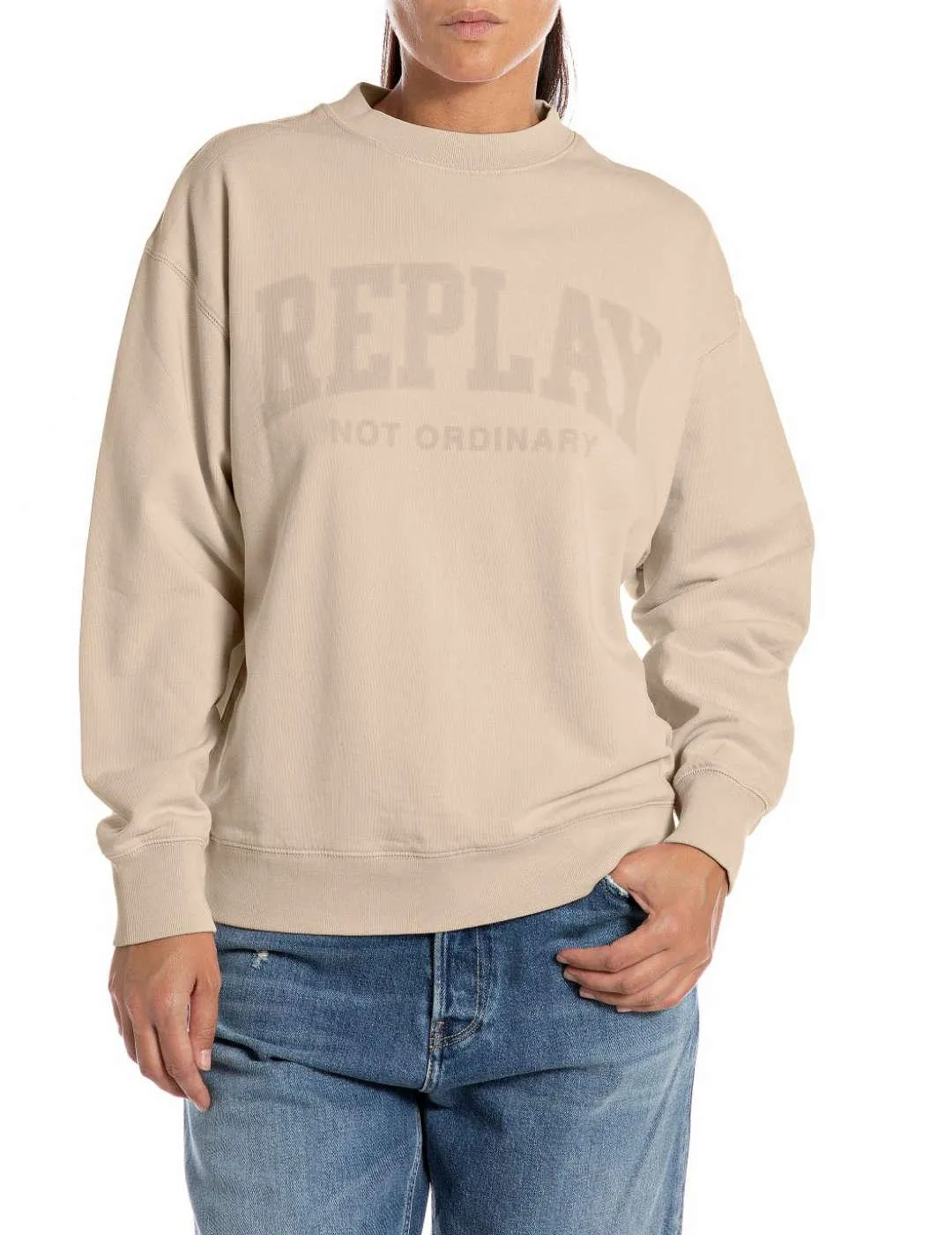 Replay Women's Oversized Beige Sweatshirt Logo Patch No Hood