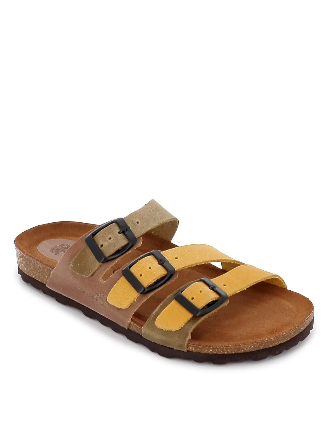 Yellow low wedge sandals with pastel tone buckles by Interbios.