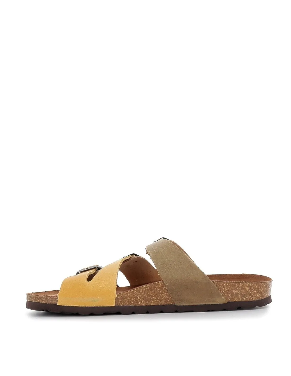 Yellow low wedge sandals with pastel tone buckles by Interbios.