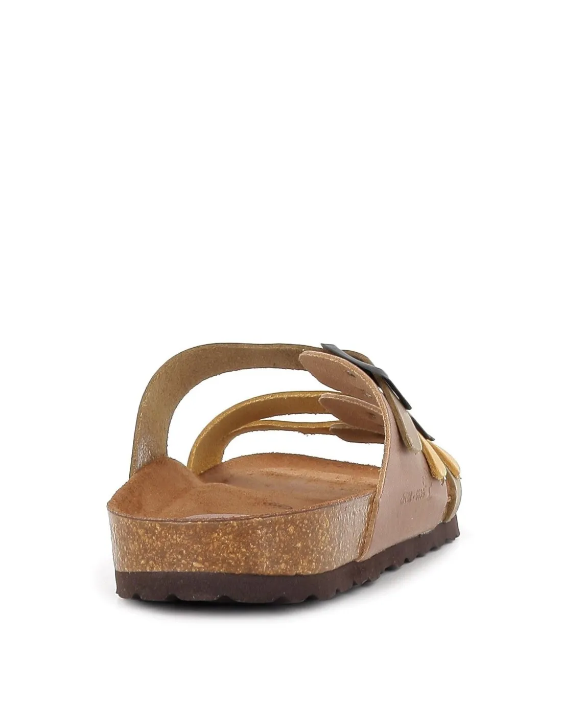 Yellow low wedge sandals with pastel tone buckles by Interbios.