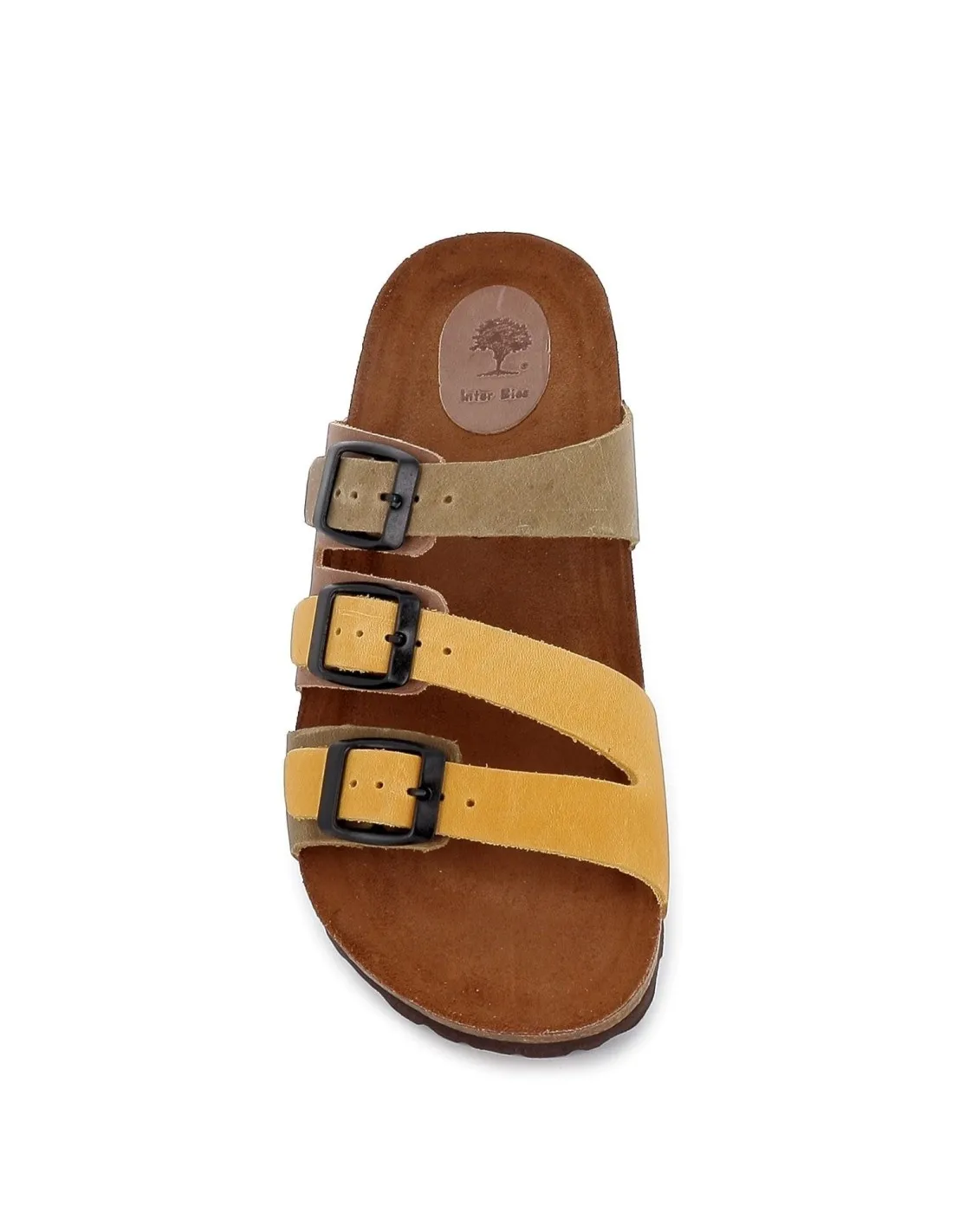 Yellow low wedge sandals with pastel tone buckles by Interbios.