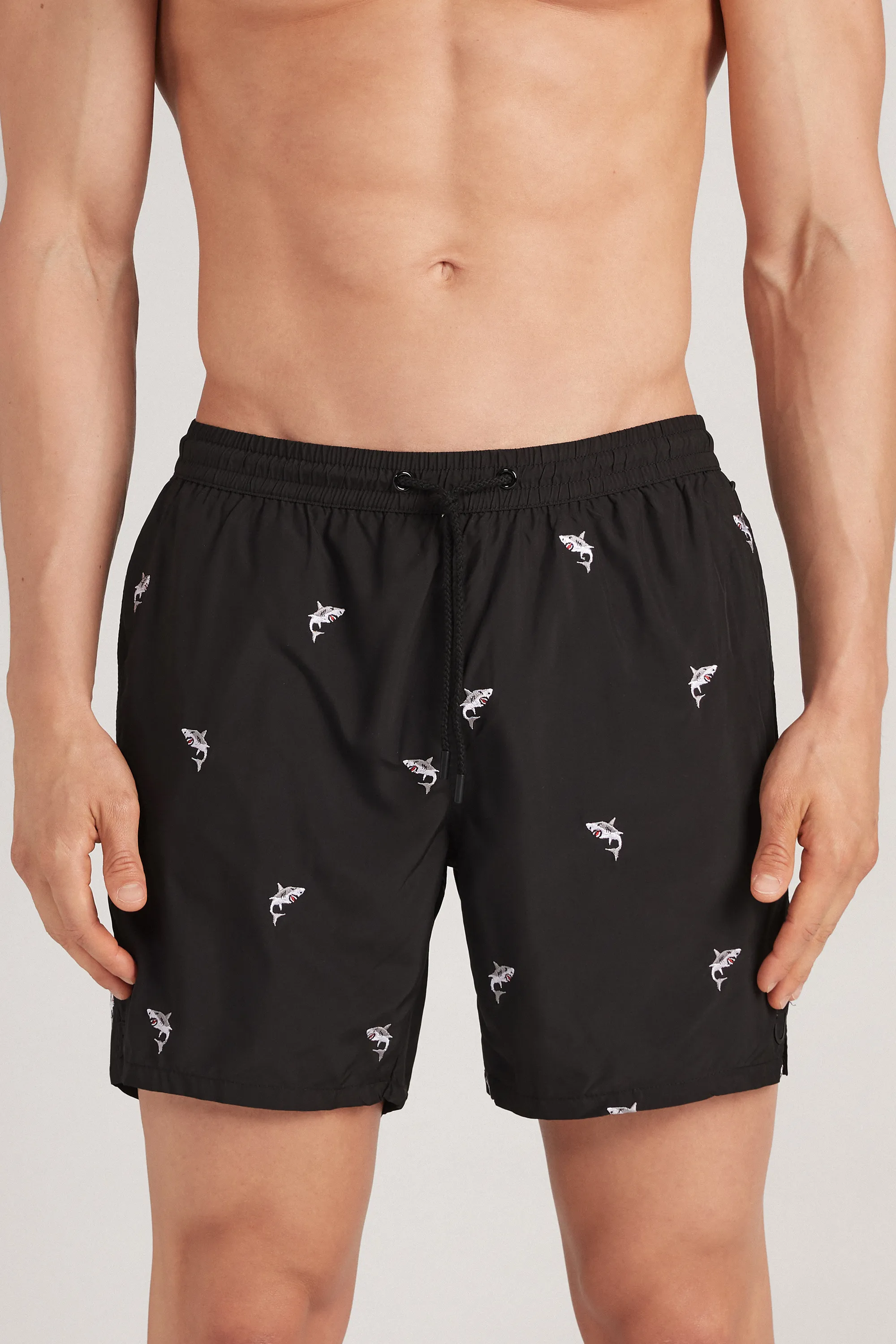 Shark Embroidered Swim Trunks