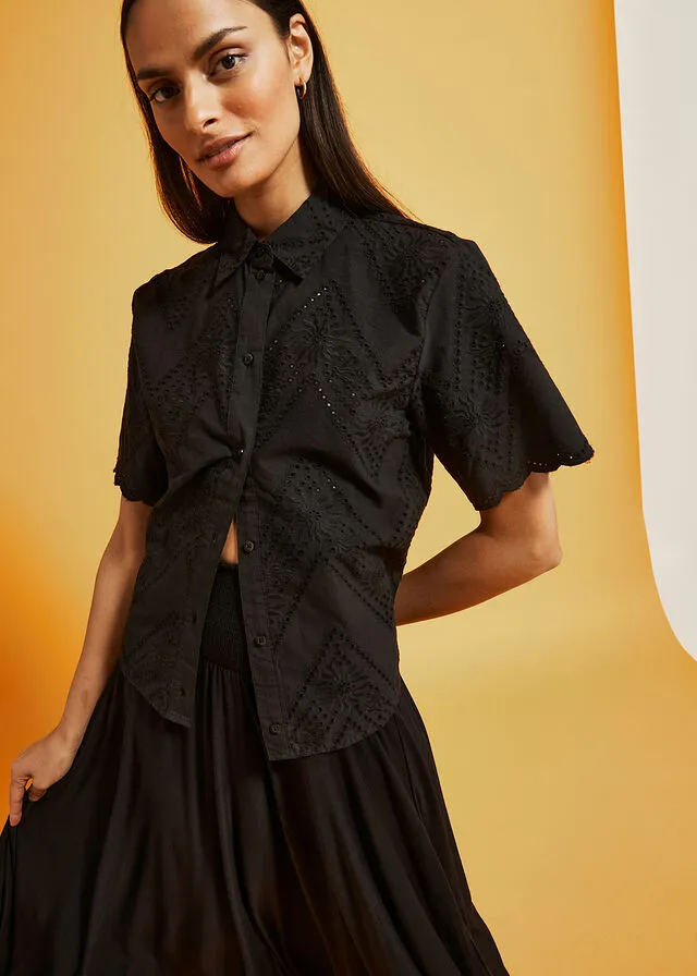 Short Black Embroidered Cutout Top