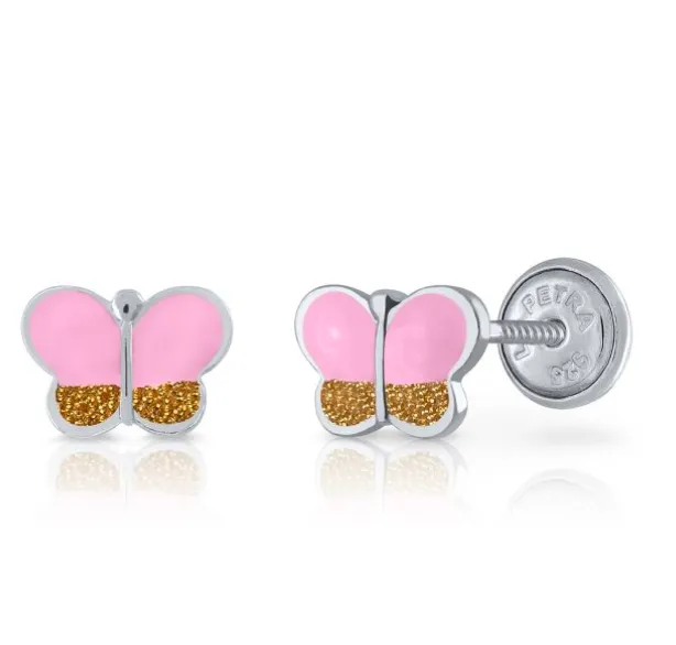 Silver Butterfly Earrings for Girls in Pink