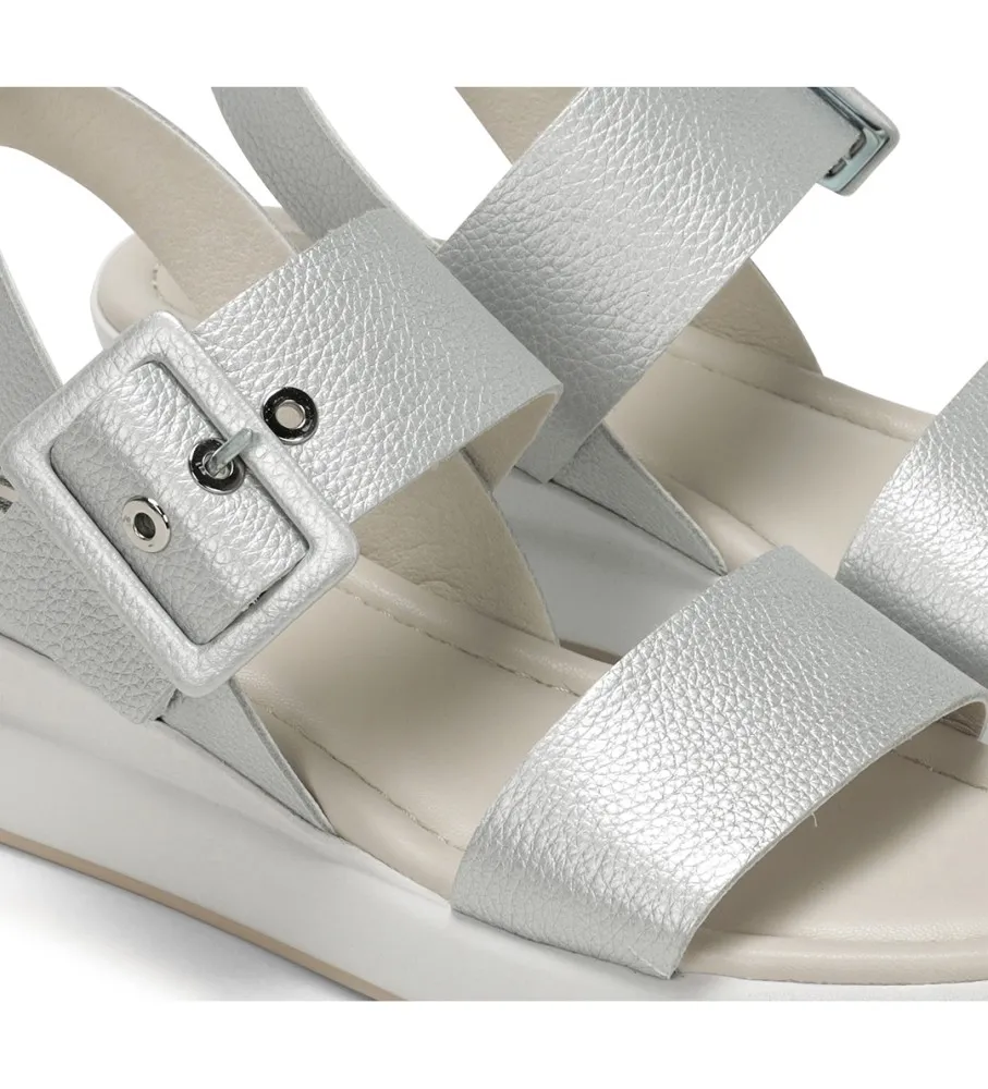 Silver Leather Wedge Sandals - 5cm Heel Height