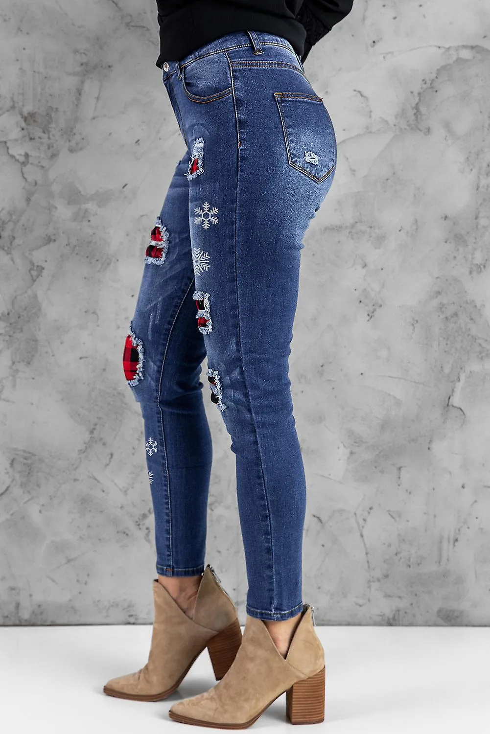 Snowflake Blue Plaid Patchwork Distressed Skinny Jeans