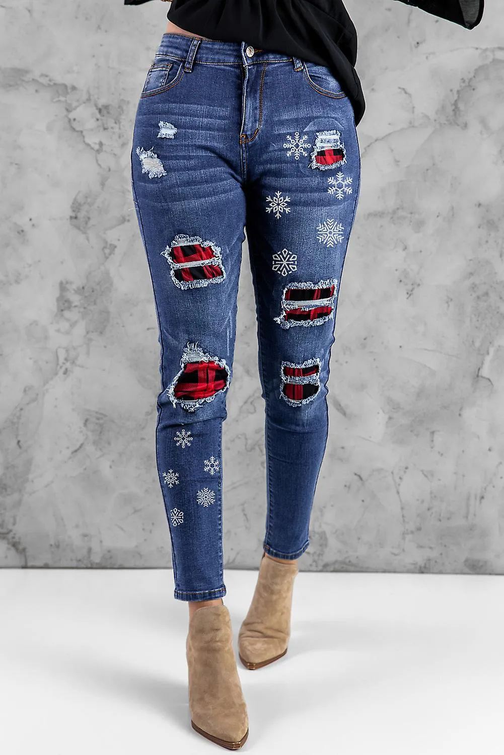 Snowflake Blue Plaid Patchwork Distressed Skinny Jeans