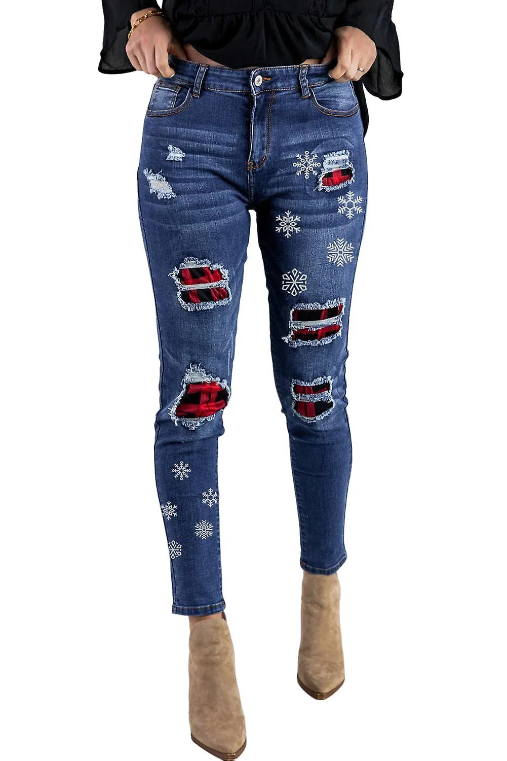 Snowflake Blue Plaid Patchwork Distressed Skinny Jeans