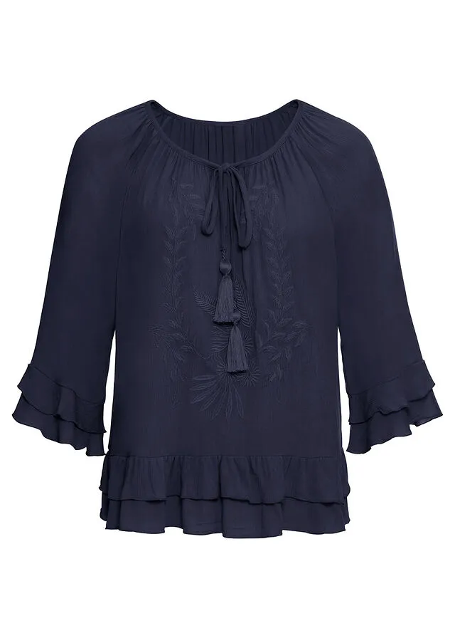 Sustainable viscose tunic with navy blue embroidery