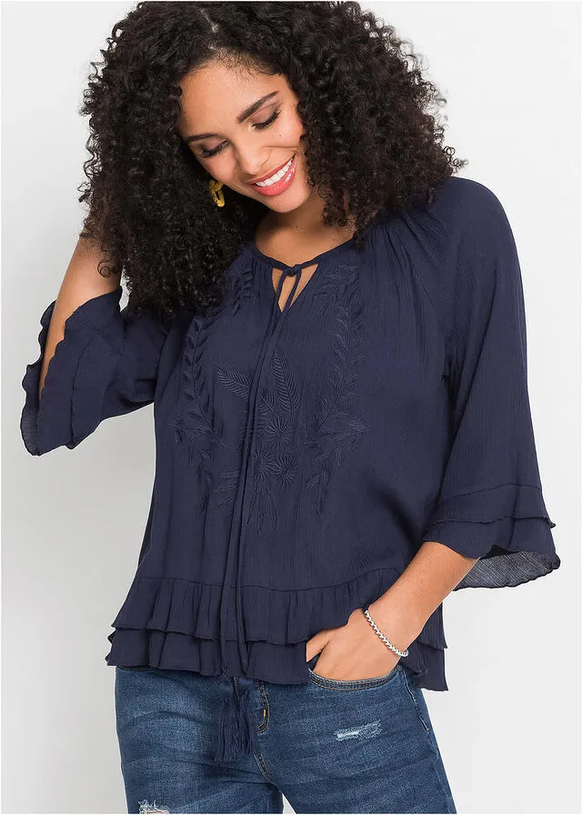 Sustainable viscose tunic with navy blue embroidery